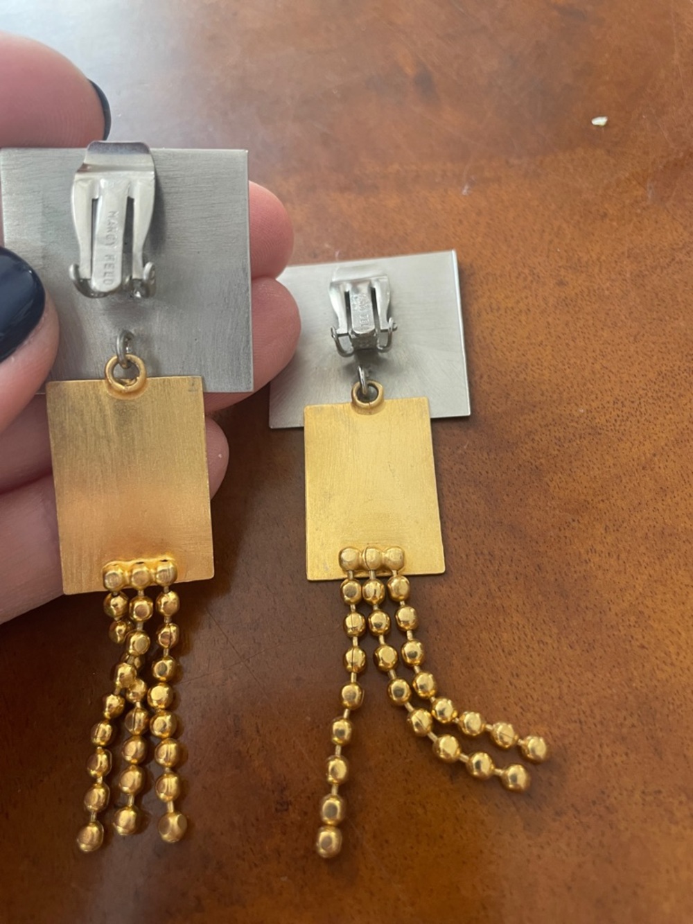 Marcy Feld Vintage Two-Tone Square Drop Clip Earrings in Gold and Silver - Picture 6 of 9